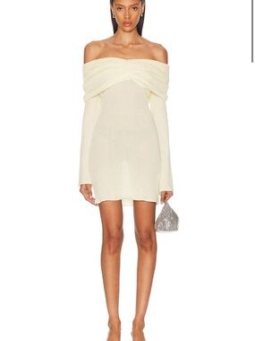 SER.O.YA Ivory Off-Shoulder Twist Knit Mini Dress